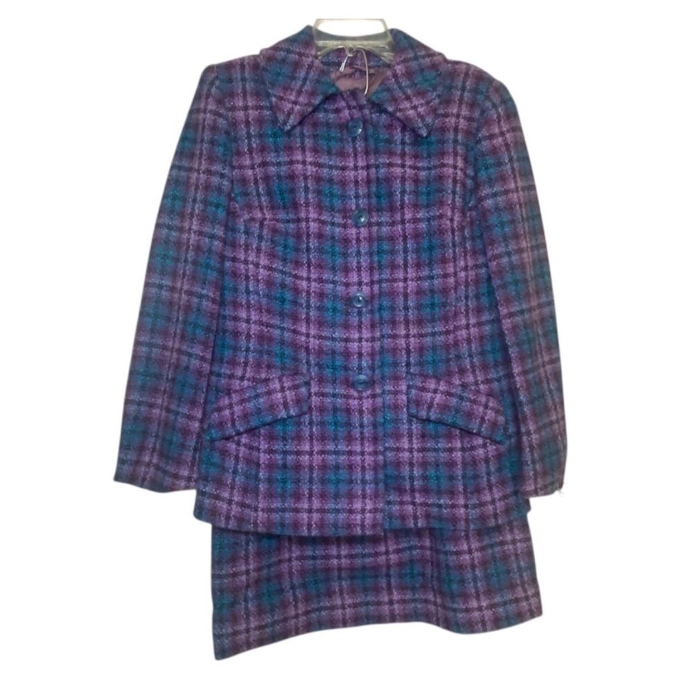 Vintage Purple Blue Plaid‎ Wool Jacket & Skirt Set Moffat Weavers *READ*